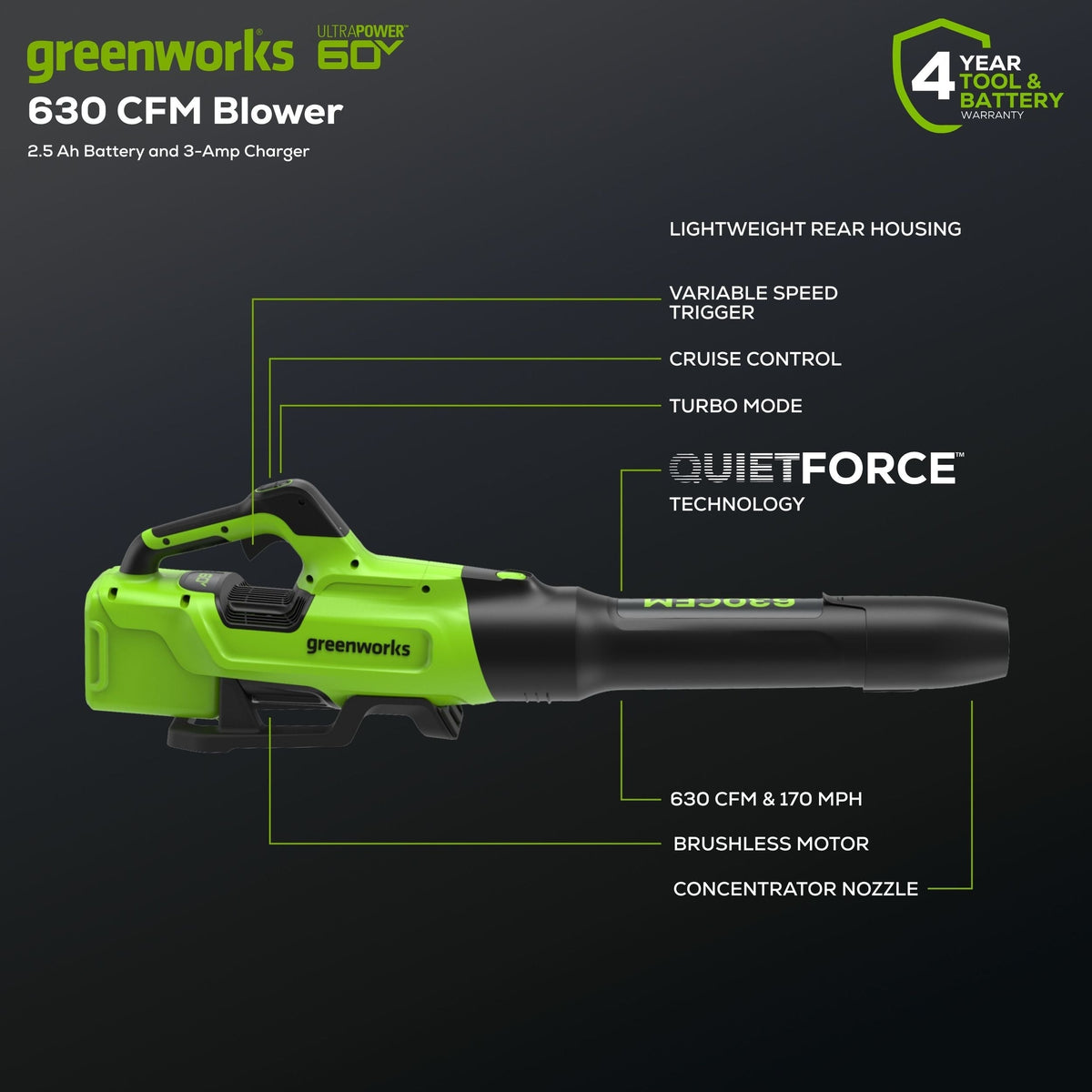 Leaf Blower, 60V, 2.5Ah - Item 0003330 Y7